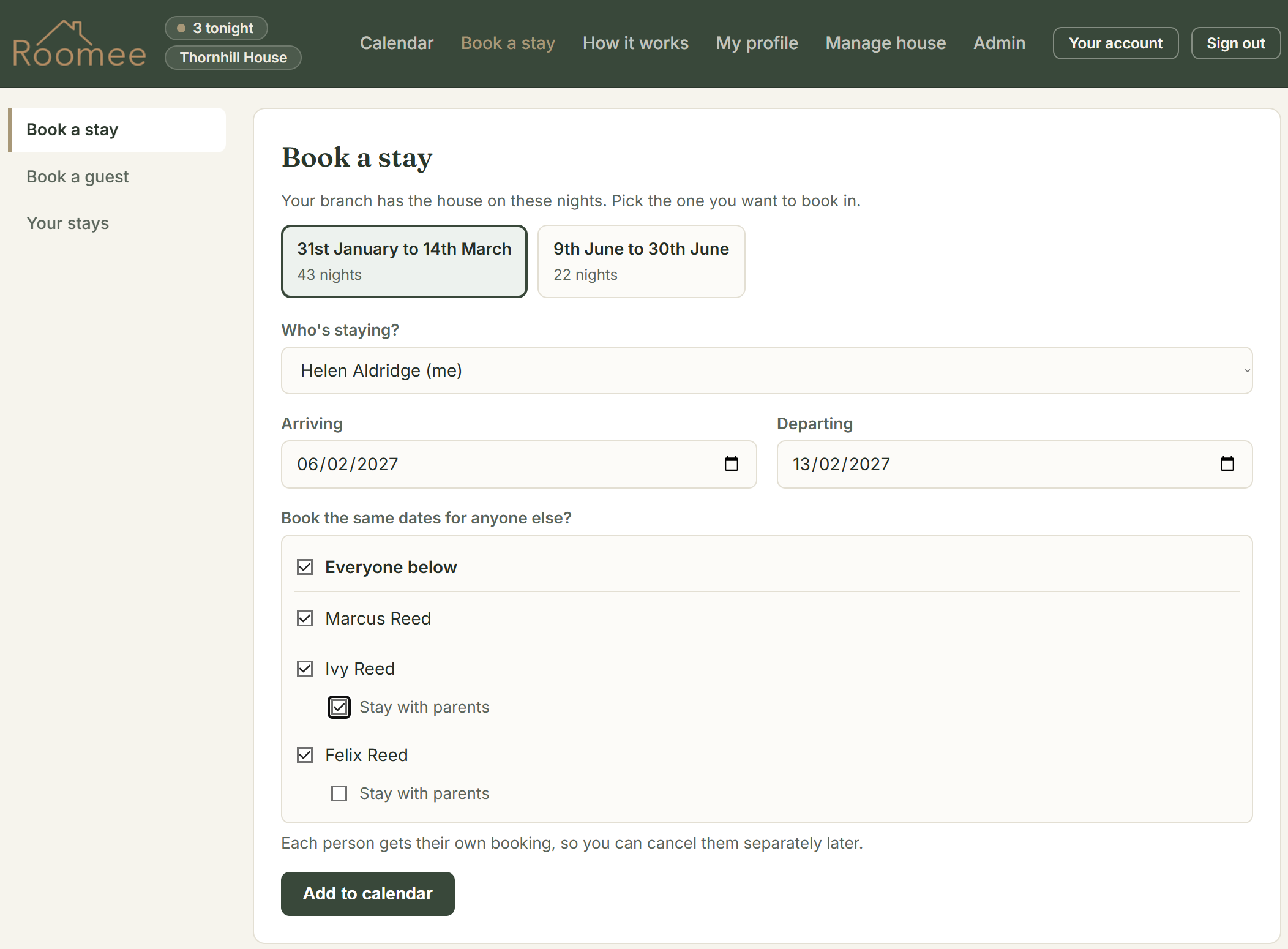 The booking form, with a parent booking themselves, their partner and two children in one go