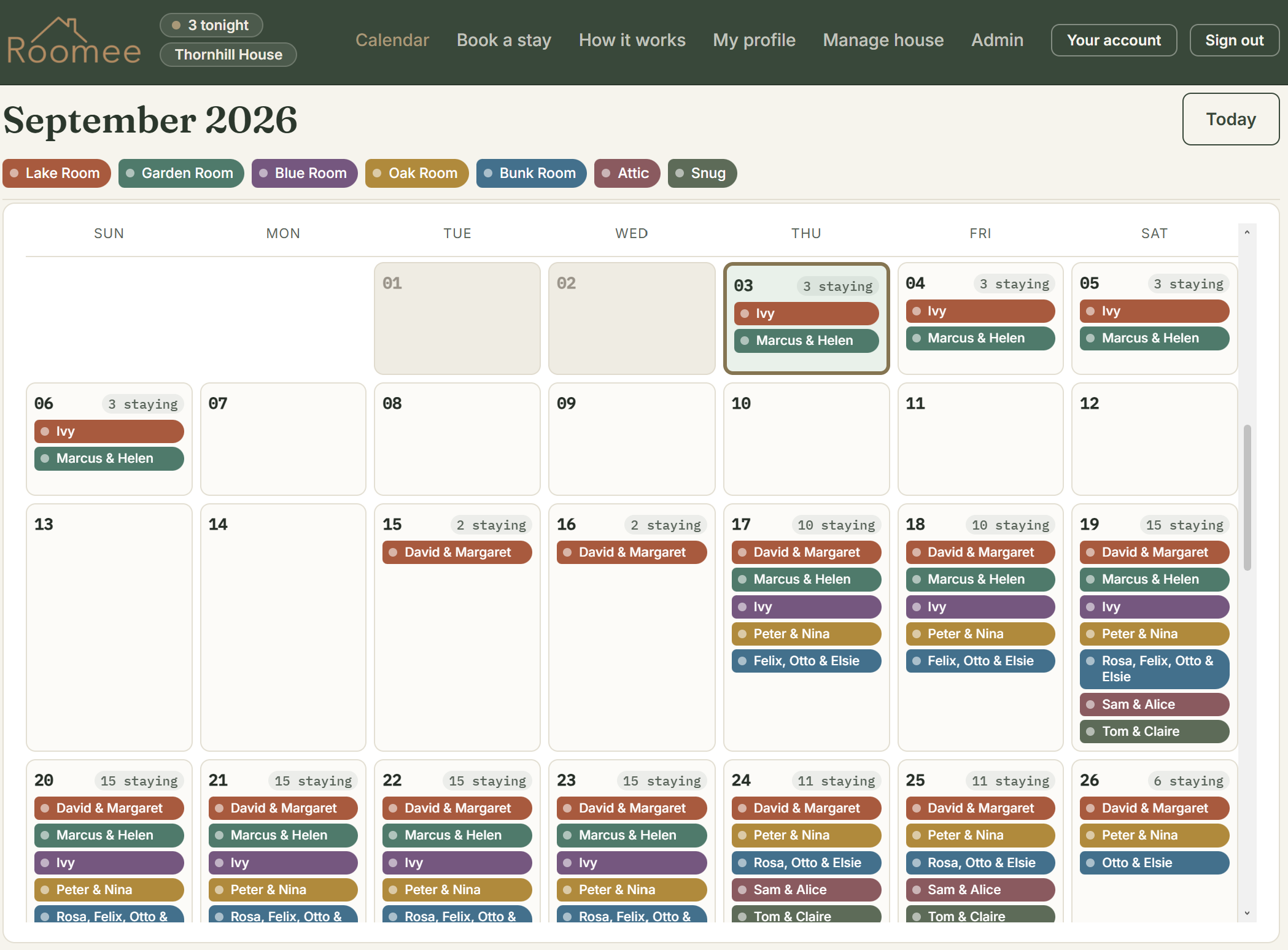 The Roomee calendar for a busy month, each person shown in the color of the bedroom they are sleeping in that night