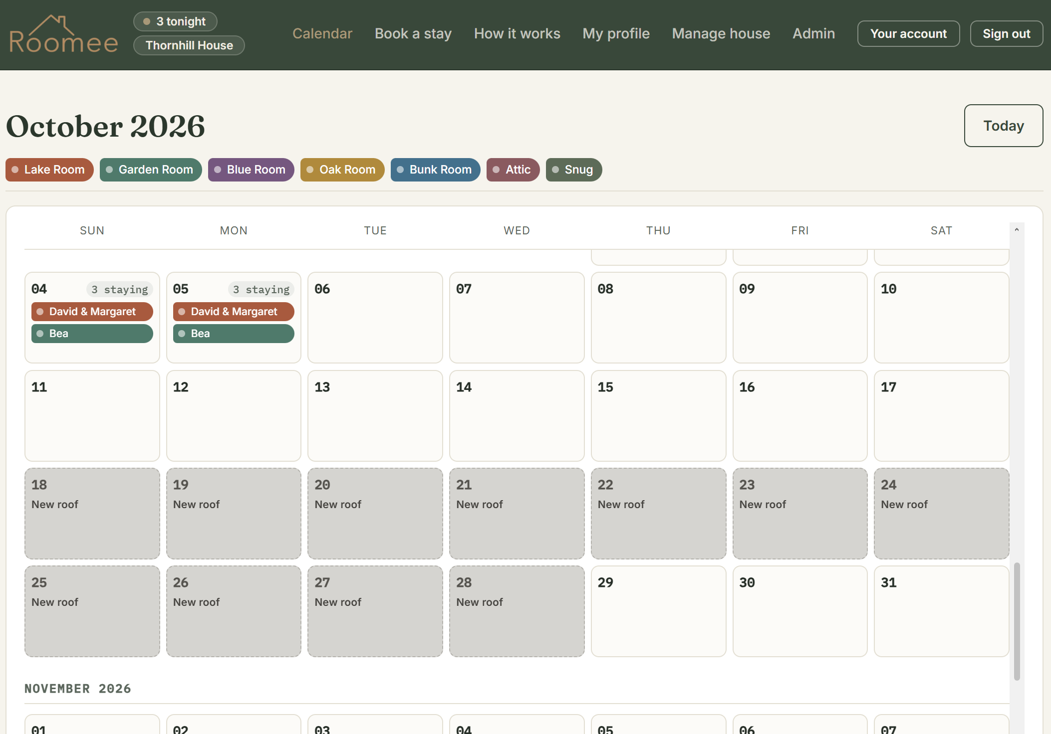 A stretch of dates marked as closed on the calendar, with the reason shown